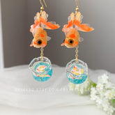 Goldfish and Fish Bowl Dangle Earrings, Goldfish fish bag earrings, fish tank earrings, Unique Dangle